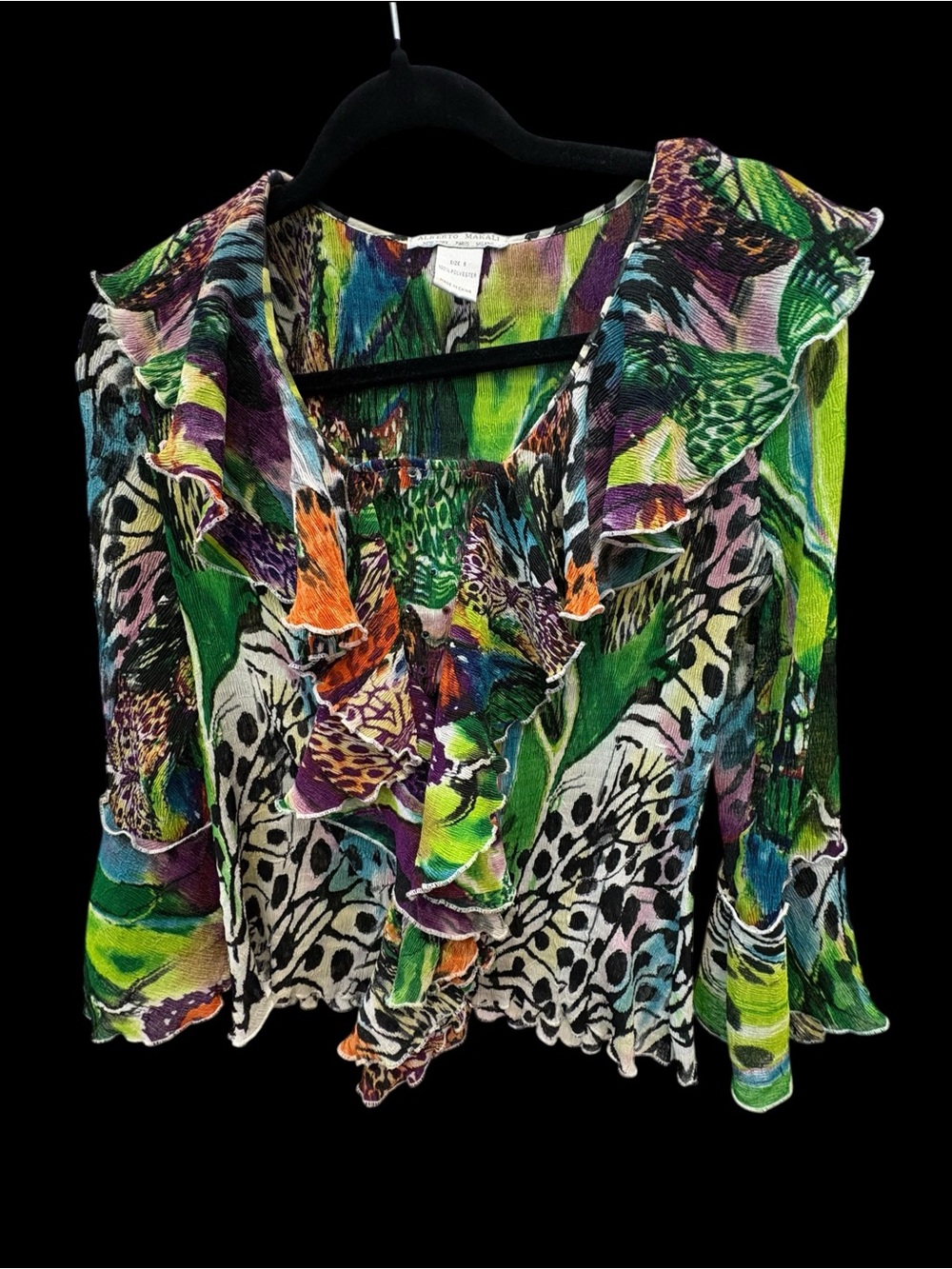 Alberto Makali Animal Print Ruffle Blouse Green Purple Y2K Small S
